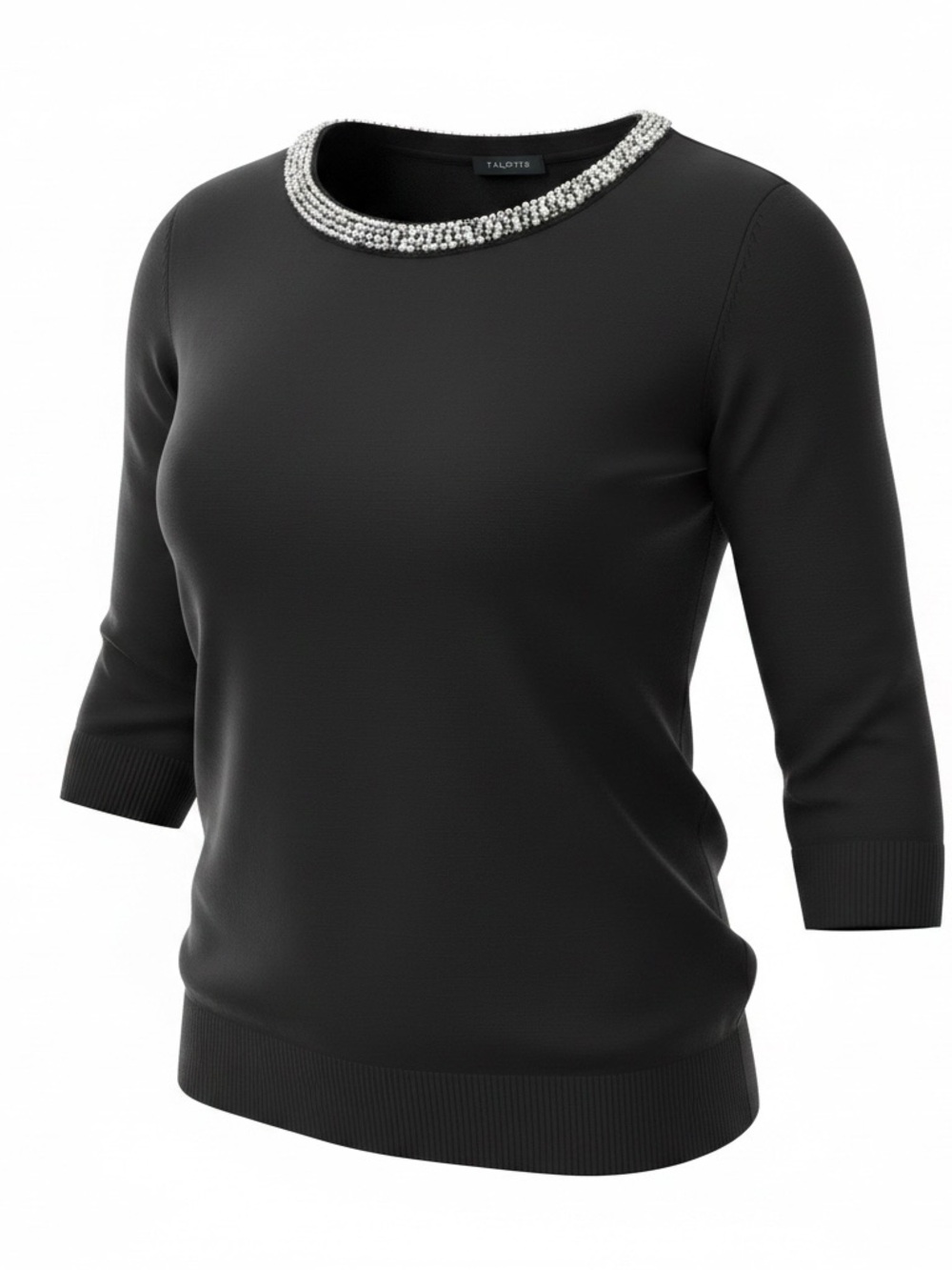 Talbots Black Crewneck Sweater with Pearl Embellished Neck